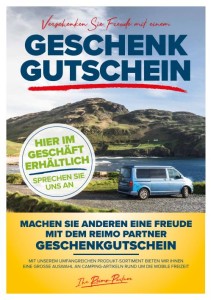 Plakat mit schöner Landschaft und Camper, Geschenkgutschein hier erhältlich